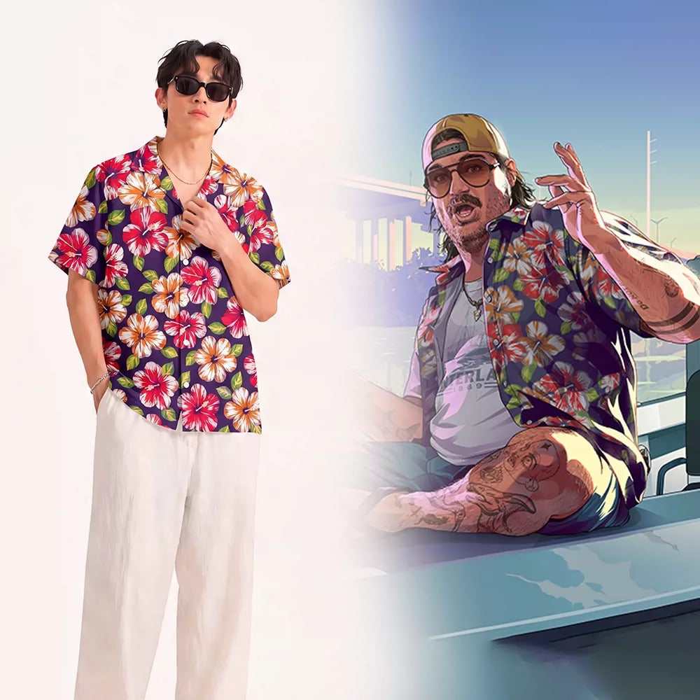 Cosplay Grand Theft Auto Vice City Cal Hampton Purple Floral Collar Shirt 120-5XL Adult & Junior