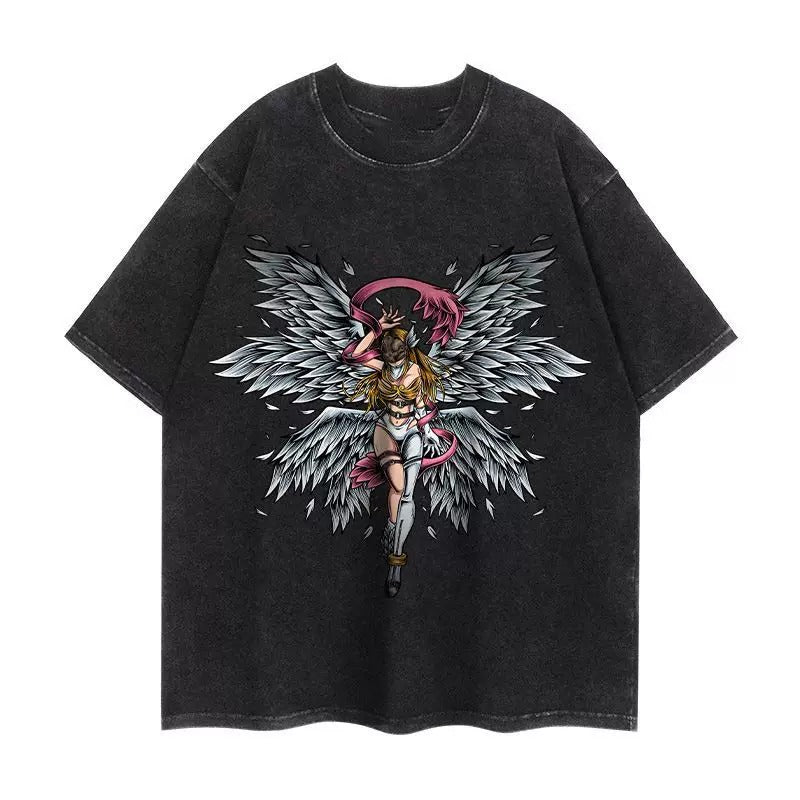 DIGIMON ANGEWOMON ANIMATION VINTAGE-WASH OVERSIZED T-SHIRT SIZE S-3XL BLACK COTTON UNISEX R06572