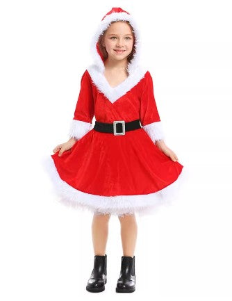 Christmas Costume Santa Claus Dress Hooded Set Size S-XL Girls CPC007