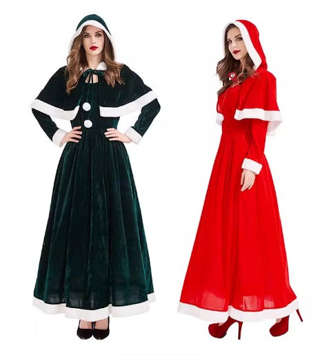Christmas Costume Mrs Claus Fancy Dress Hooded Set Size S-L 2 Colours Adults CPC010