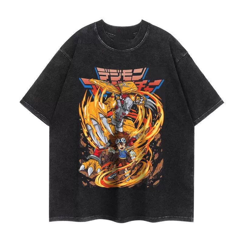 DIGIMON TAI KAMIYA AND WARGREYMON ANIMATION VINTAGE-WASH OVERSIZED T-SHIRT SIZE S-3XL BLACK COTTON UNISEX R06563