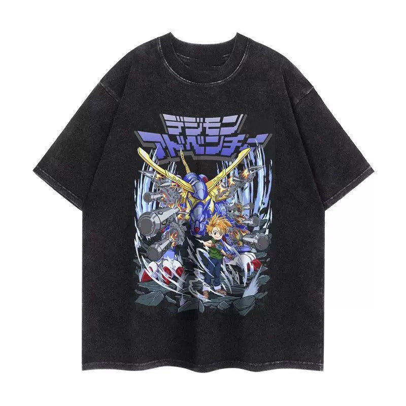 DIGIMON METAL GARURUMON AND MATT ANIMATION VINTAGE-WASH OVERSIZED T-SHIRT SIZE S-3XL BLACK COTTON UNISEX R06564