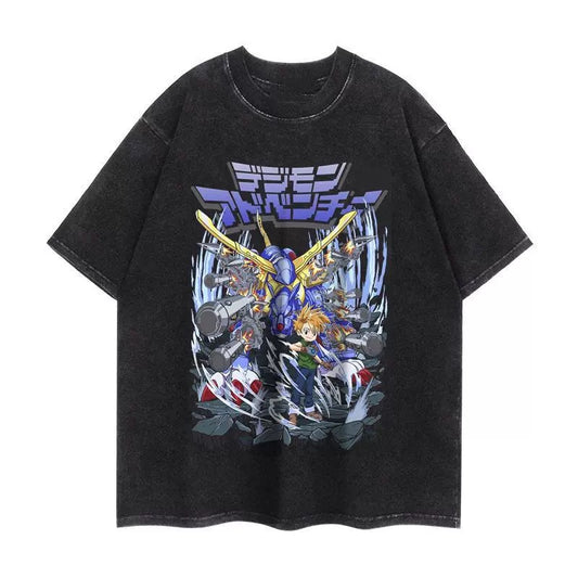 DIGIMON METAL GARURUMON AND MATT ANIMATION VINTAGE-WASH OVERSIZED T-SHIRT SIZE S-3XL BLACK COTTON UNISEX R06564