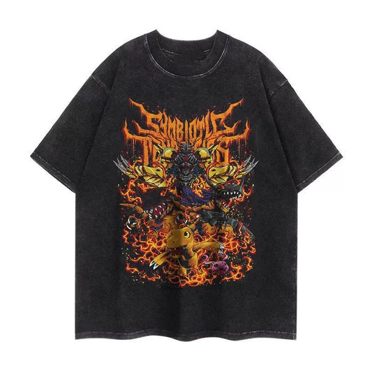 DIGIMON DIGIMON AGUMON ANIMATION VINTAGE-WASH OVERSIZED T-SHIRT SIZE S-3XL BLACK COTTON UNISEX R06568