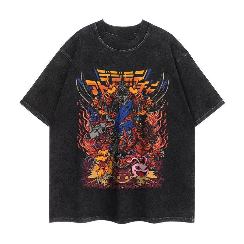 DIGIMON WAEGREYMON AND AGUMON ANIMATION VINTAGE-WASH OVERSIZED T-SHIRT SIZE S-3XL BLACK COTTON UNISEX R06570