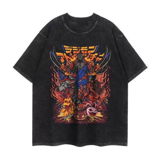 DIGIMON WAEGREYMON AND AGUMON ANIMATION VINTAGE-WASH OVERSIZED T-SHIRT SIZE S-3XL BLACK COTTON UNISEX R06570