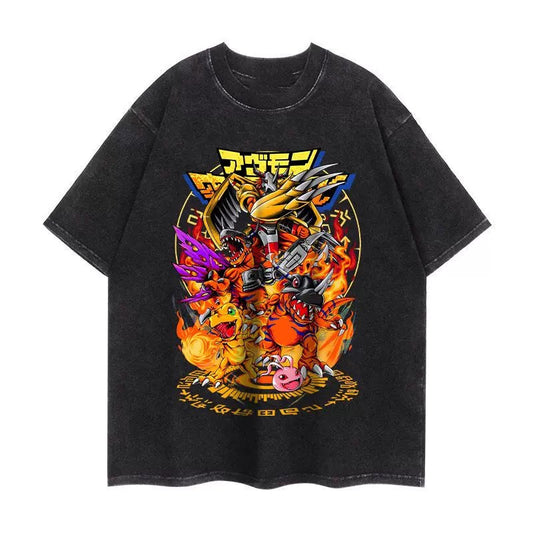 DIGIMON WAEGREYMON AND AGUMON ANIMATION VINTAGE-WASH OVERSIZED T-SHIRT SIZE S-3XL BLACK COTTON UNISEX R06571