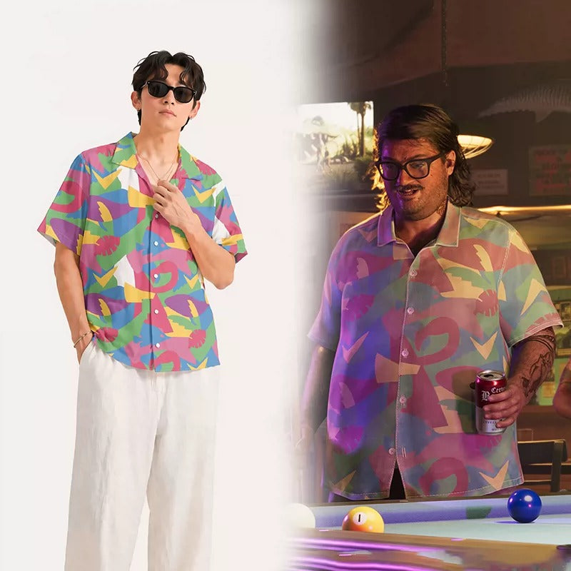 Cosplay Grand Theft Auto Vice City Multicolored Abstract Geometric Collar Shirt  120-5XL Adult  & Junior